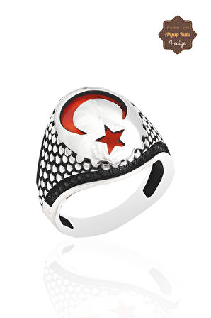 Yakut Taşlı Ay yıldız Model 925 Ayar Gümüş Erkek Yüzük 201023423