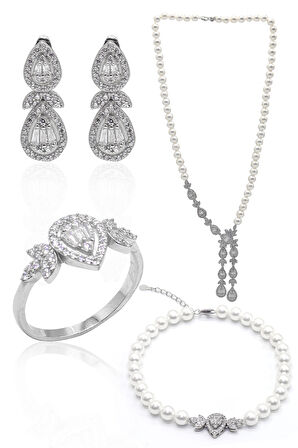 İnci Taşlı Damla Model 925 Ayar Gümüş Dörtlü Set 201023537