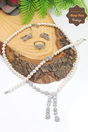 İnci Taşlı Damla Model 925 Ayar Gümüş Dörtlü Set 201023537