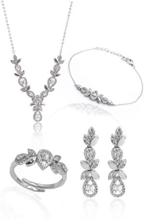 Zirkon Taşlı Damla Model 925 Ayar Gümüş Dörtlü Set 201023538