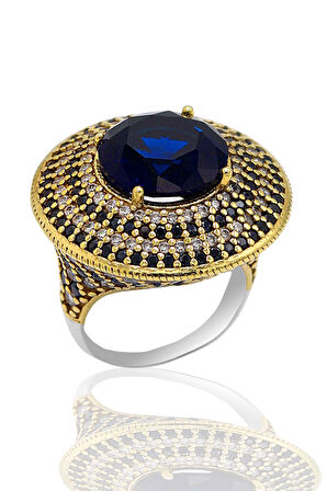 Safir Taşlı Zirkon Süsleme Otantik Gümüş Kadın Yüzük 201023757