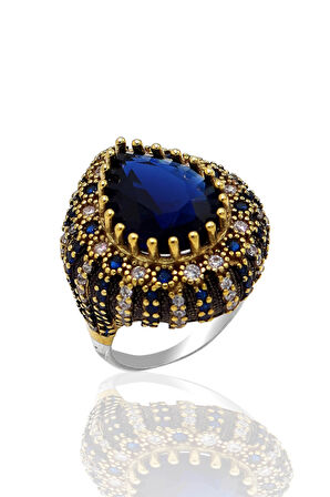 Safir Taşlı Oval Tasarım Zirkon Süsleme Otantik Gümüş Kadın Yüzük 201023762