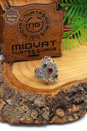 Yakut ve Zümrüt Taşlı Tuğra Model El işçiliği 925 Ayar Gümüş Telkari Yüzük 201023834