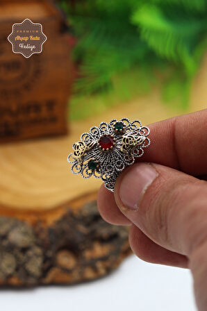 Yakut ve Zümrüt Taşlı Tuğra Model El işçiliği 925 Ayar Gümüş Telkari Yüzük 201023834