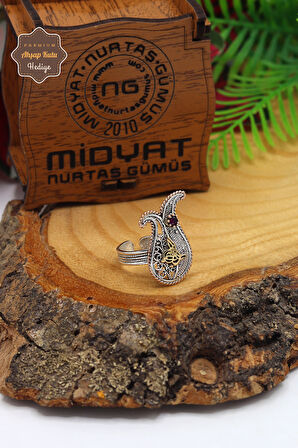 Yakut Taşlı Tuğra Model El işçiliği 925 Ayar Gümüş Telkari Yüzük 201023835