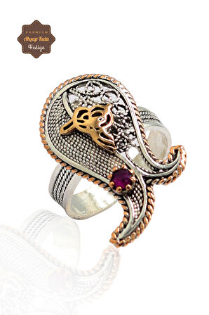 Yakut Taşlı Tuğra Model El işçiliği 925 Ayar Gümüş Telkari Yüzük 201023835