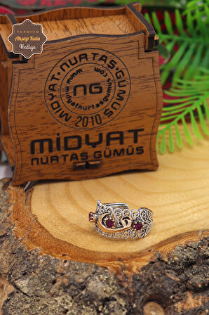 Yakut Taşlı Vav Model El işçiliği 925 Ayar Gümüş Telkari Yüzük 201023843