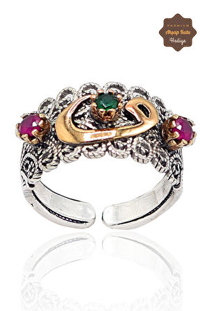 Yakut ve Zümrüt Taşlı Vav Model El işçiliği 925 Ayar Gümüş Telkari Yüzük 201023844