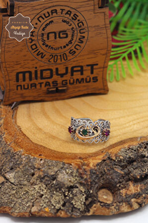 Yakut ve Zümrüt Taşlı Vav Model El işçiliği 925 Ayar Gümüş Telkari Yüzük 201023844