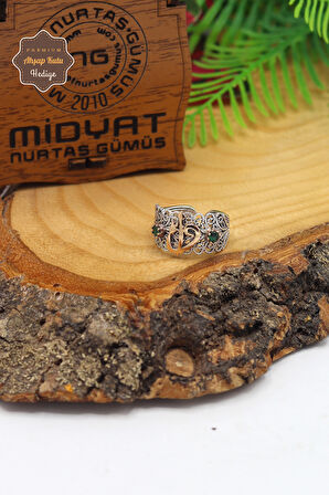 Zümrüt Taşlı Elif Vav Model El işçiliği 925 Ayar Gümüş Telkari Yüzük 201023847