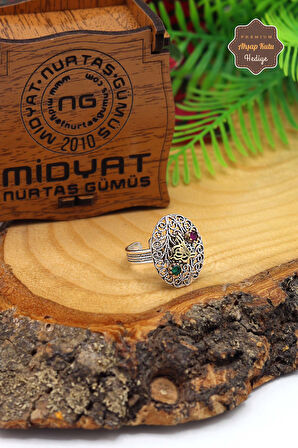 Yakut ve Zümrüt Taşlı Tuğra Model El işçiliği 925 Ayar Gümüş Telkari Yüzük 201023856