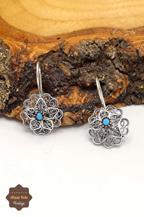 Firuze Taşlı Çiçek Model Oksitli Telkari Kadın Gümüş Küpe 201023903