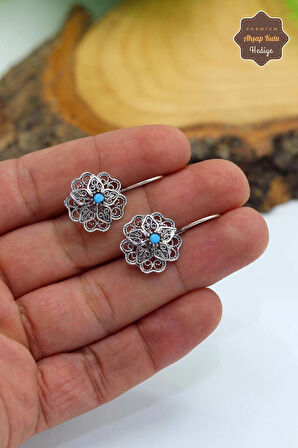 Firuze Taşlı Çiçek Model Oksitli Telkari Kadın Gümüş Küpe 201023903