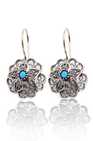 Firuze Taşlı Çiçek Model Oksitli Telkari Kadın Gümüş Küpe 201023903