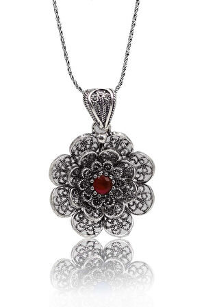Yakut Taşlı Çiçek Model Oksitli Telkari Kadın Gümüş Kolye 201023920