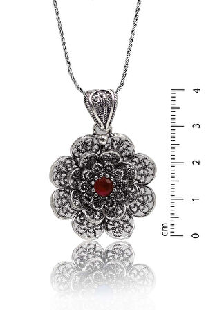 Yakut Taşlı Çiçek Model Oksitli Telkari Kadın Gümüş Kolye 201023920