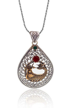 Yakut ve Zümrüt Taşlı Şahmaran Model Oksitli Telkari Kadın Gümüş Kolye 201023921