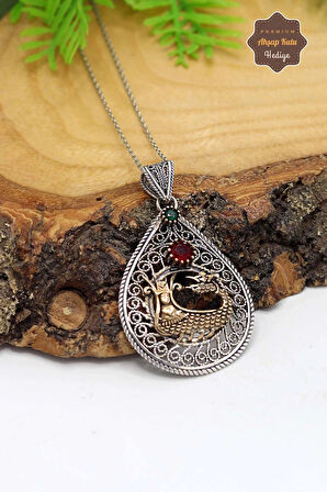 Yakut ve Zümrüt Taşlı Şahmaran Model Oksitli Telkari Kadın Gümüş Kolye 201023921