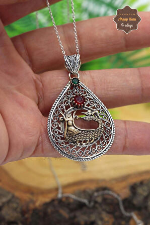 Yakut ve Zümrüt Taşlı Şahmaran Model Oksitli Telkari Kadın Gümüş Kolye 201023921