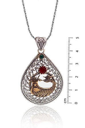 Yakut ve Zümrüt Taşlı Şahmaran Model Oksitli Telkari Kadın Gümüş Kolye 201023921