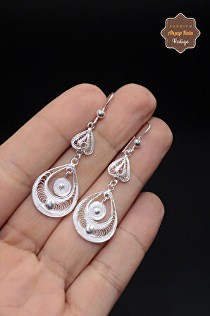 Sallantılı Damla Tasarım 925 Ayar Gümüş Telkari Kadın Küpe 201023943