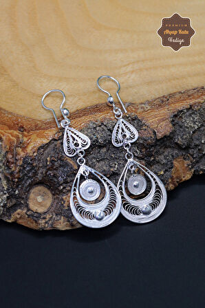 Sallantılı Damla Tasarım 925 Ayar Gümüş Telkari Kadın Küpe 201023943