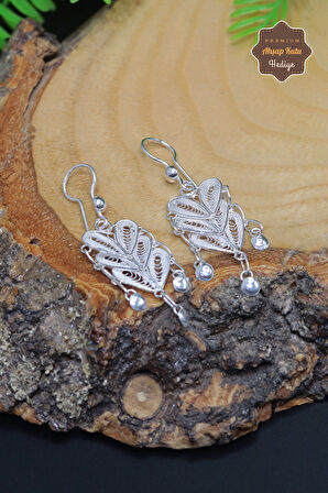 Sallantılı Pullu Kalp Tasarım 925 Ayar Gümüş Telkari Kadın Küpe 201023944