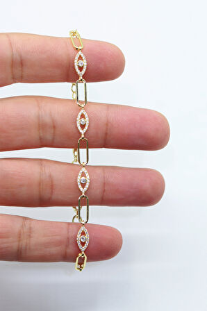 Zirkon Taşlı Göz Model  Gold Kaplama 925 Ayar Gümüş Kadın Bileklik 201023993