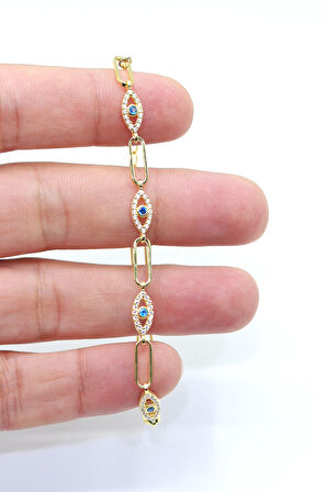 Safir Taşlı Göz Model  Gold Kaplama 925 Ayar Gümüş Kadın Bileklik 201023994