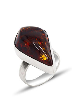 Mekik Model Fosilli Kehribar Taşlı El işi Otantik Gümüş Kadın Yüzük 201024134