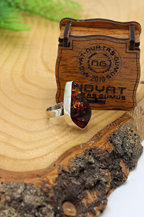 Mekik Model Fosilli Kehribar Taşlı El işi Otantik Gümüş Kadın Yüzük 201024134