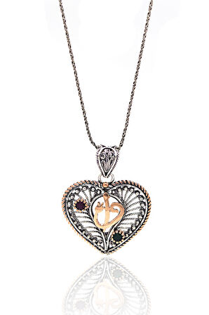 Yakut ve Zümrüt Taşlı Elif Vav Kalp Model Oksitli Telkari Gümüş Kadın Kolye 201024144