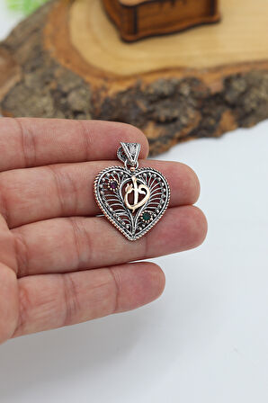 Yakut ve Zümrüt Taşlı Elif Vav Kalp Model Oksitli Telkari Gümüş Kadın Kolye 201024144