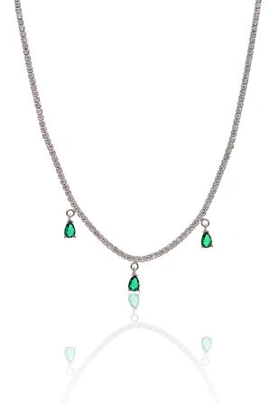 Zümrüt Taşlı Damla Model 925 Ayar Gümüş Su Yolu Gerdanlık Kolye 201024155