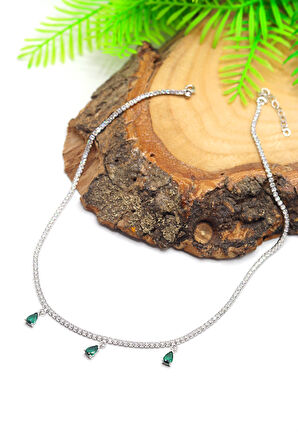 Zümrüt Taşlı Damla Model 925 Ayar Gümüş Su Yolu Gerdanlık Kolye 201024155