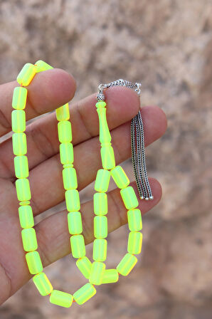 Neon Sarısı Opal Taşlı Kapsül Kesim Gümüş Püsküllü Doğal Taş Tesbih 201024168