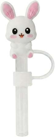 Yenigeldi Beyaz Sevimli Tavşan Figürlü Pipet Kapağı, Silikon Pipet Kapağı, Pipet Koruyucu,Pipet başlığı Paslanmaz Çelik Termos ile Uyumlu,