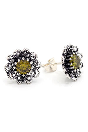 Zeberced (Peridot) Taşlı Papatya Model Oksitli Telkari Gümüş Kadın Küpe 201024197