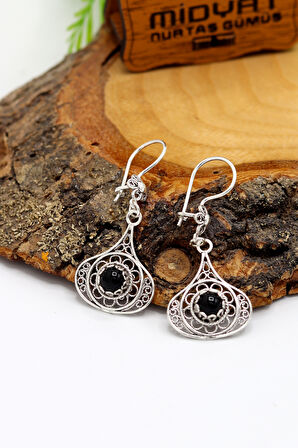 Oniks Taşlı Damla Model Oksitli Telkari Gümüş Kadın Küpe 201024198