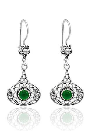 Yeşil Akik Taşlı Damla Model Oksitli Telkari Gümüş Kadın Küpe 201024199