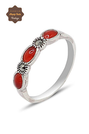 Akik Taşlı Üç Taş Model 925 Ayar Gümüş Markazit Kadın Yüzük 201024222