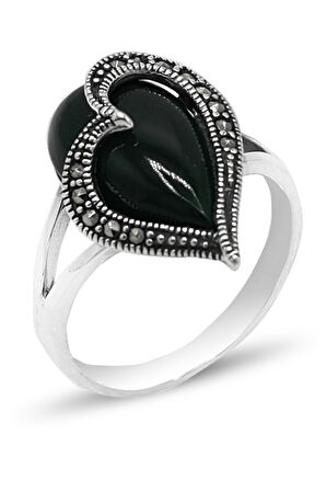 Oniks Taşlı Kalp Aşk Model 925 Ayar Gümüş Markazit Kadın Yüzük 201024237