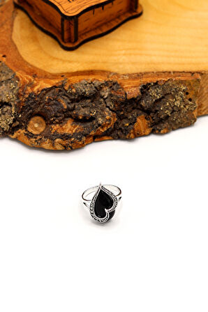 Oniks Taşlı Kalp Aşk Model 925 Ayar Gümüş Markazit Kadın Yüzük 201024237