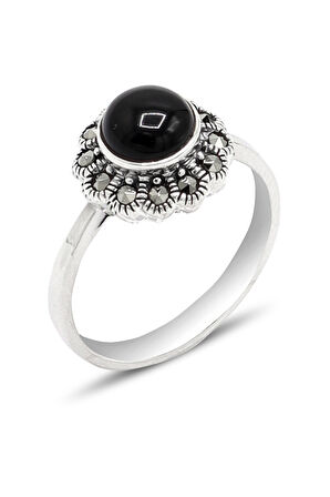 Oniks Taşlı Papatya Model 925 Ayar Gümüş Markazit Kadın Yüzük 201024243