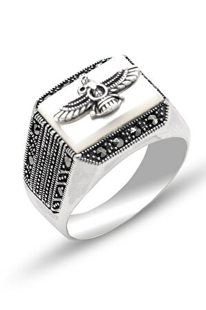 Sedef Taşlı Ahura Mazda Model 925 Ayar Gümüş Markazit Unisex Yüzük 201024246