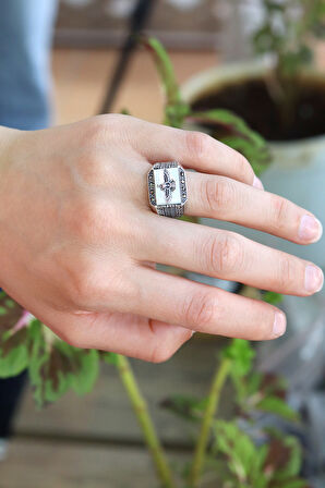 Sedef Taşlı Ahura Mazda Model 925 Ayar Gümüş Markazit Unisex Yüzük 201024246