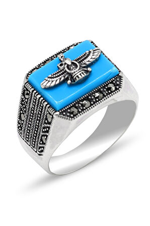 Firuze Taşlı Ahura Mazda Model 925 Ayar Gümüş Markazit Unisex Yüzük 201024248