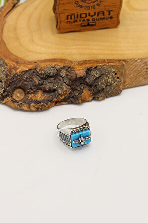 Firuze Taşlı Ahura Mazda Model 925 Ayar Gümüş Markazit Unisex Yüzük 201024248