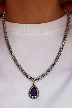 Ametist Taşlı Damla Tasarım Markazit Taşlı Gümüş Kadın Gerdanlık 201024256