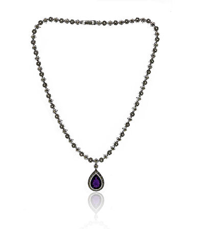 Ametist Taşlı Damla Tasarım Markazit Taşlı Gümüş Kadın Gerdanlık 201024256